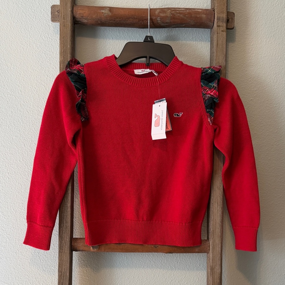 Vineyard Vines Red Knit Sweater w/ Plaid Ruffle Shoulder Detail, kids S (7/8)